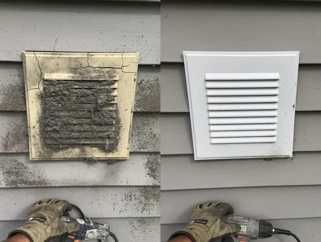 Wethersfield Dryer Vent Cleaning technician installing high-quality dryer vent cover at a residential property in Wethersfield