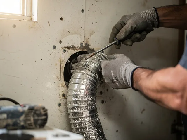 Wethersfield Dryer Vent Cleaning technician performing precise dryer vent hose installation in Wethersfield